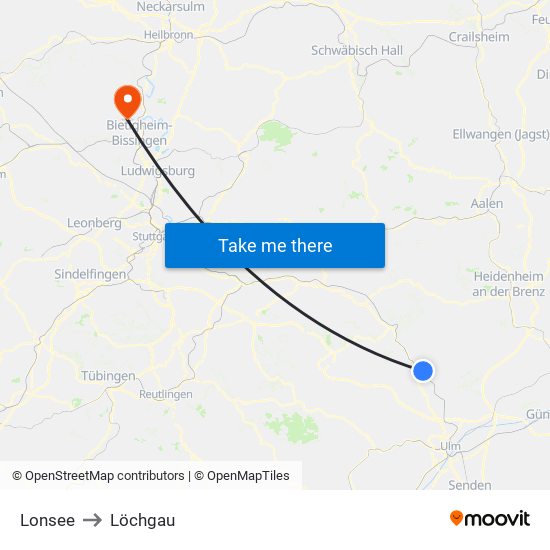 Lonsee to Löchgau map