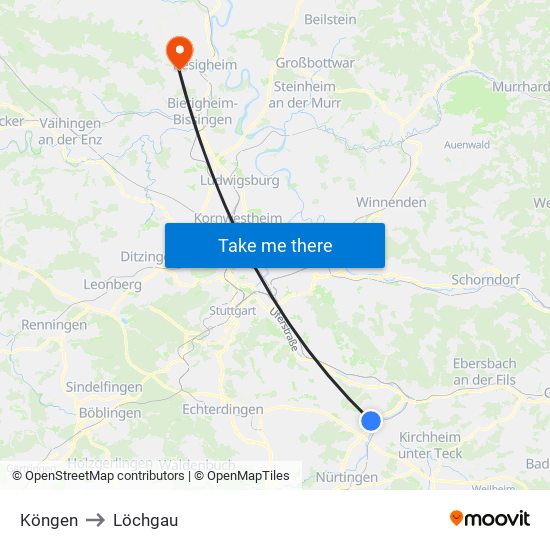 Köngen to Löchgau map