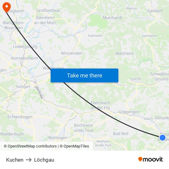 Kuchen to Löchgau map