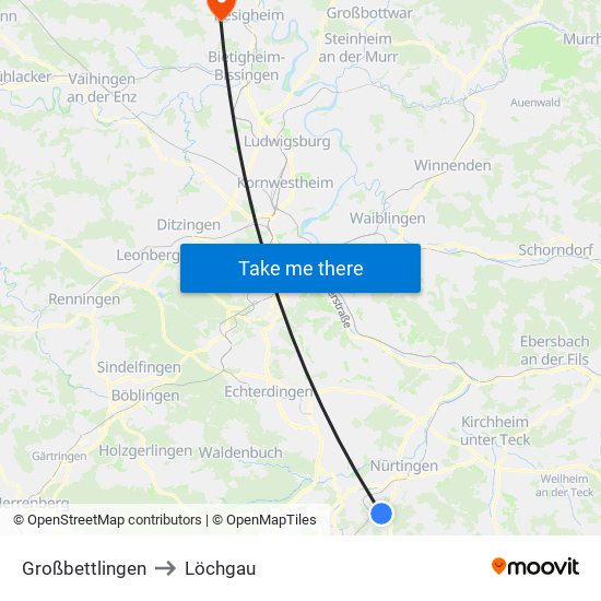 Großbettlingen to Löchgau map