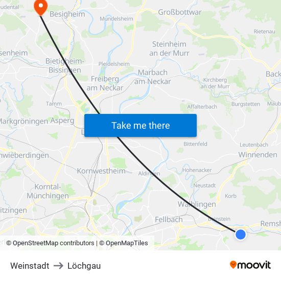 Weinstadt to Löchgau map