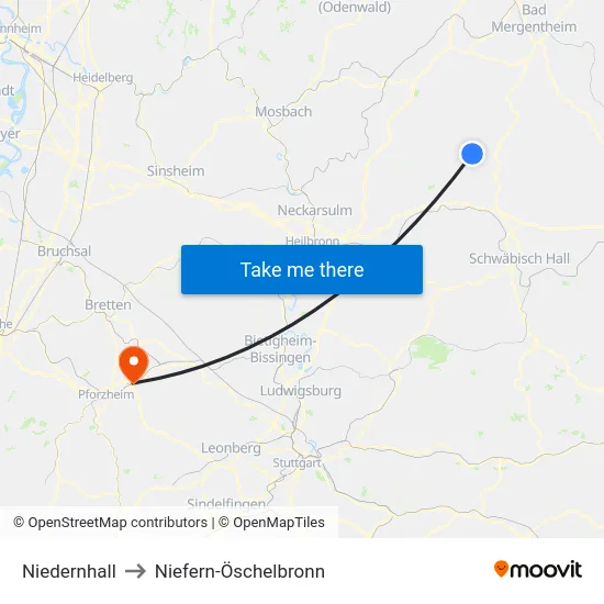 Niedernhall to Niefern-Öschelbronn map