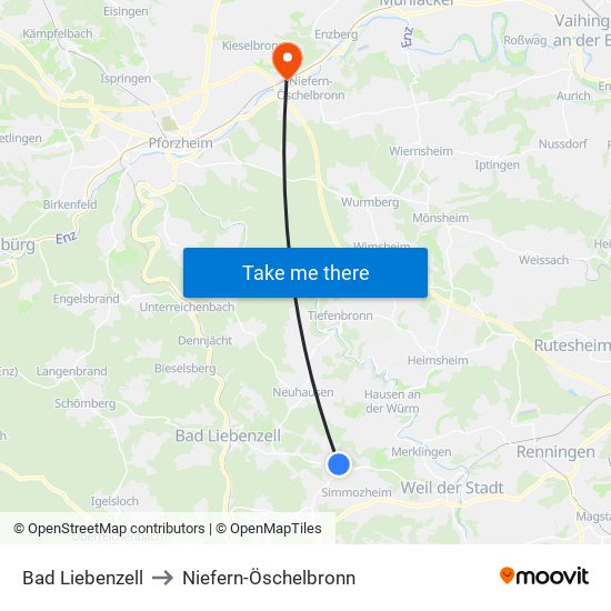 Bad Liebenzell to Niefern-Öschelbronn map