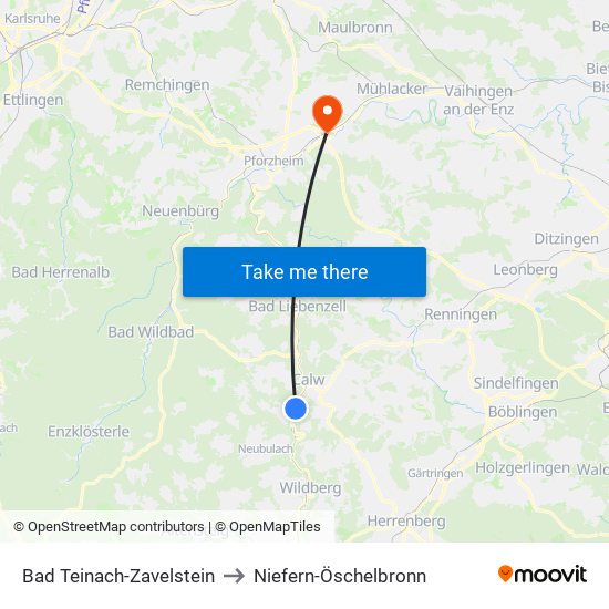 Bad Teinach-Zavelstein to Niefern-Öschelbronn map