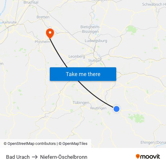 Bad Urach to Niefern-Öschelbronn map