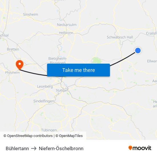 Bühlertann to Niefern-Öschelbronn map