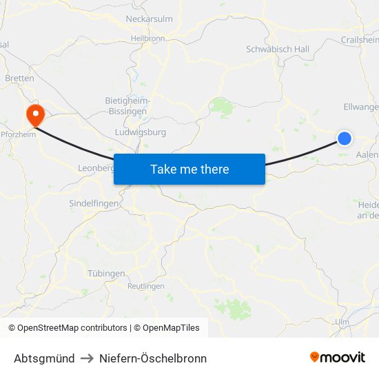 Abtsgmünd to Niefern-Öschelbronn map