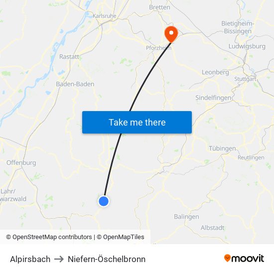 Alpirsbach to Niefern-Öschelbronn map