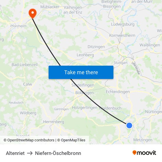 Altenriet to Niefern-Öschelbronn map