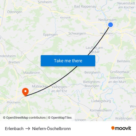 Erlenbach to Niefern-Öschelbronn map