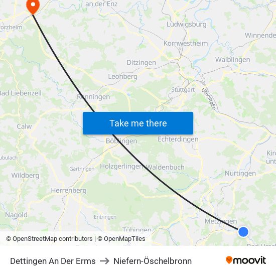 Dettingen An Der Erms to Niefern-Öschelbronn map
