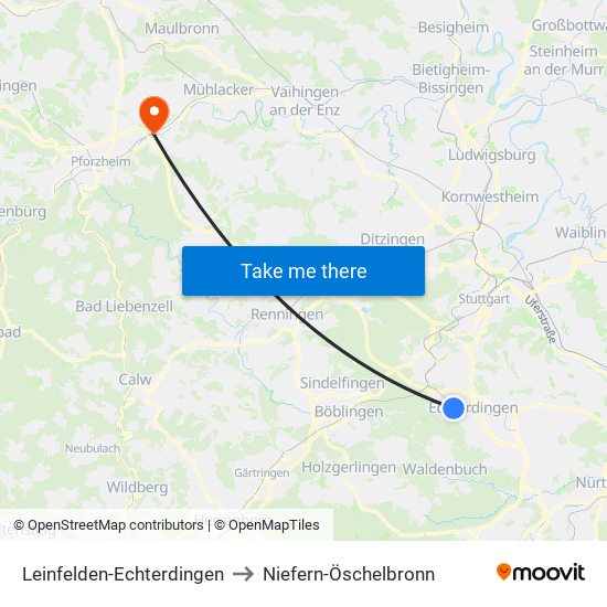 Leinfelden-Echterdingen to Niefern-Öschelbronn map