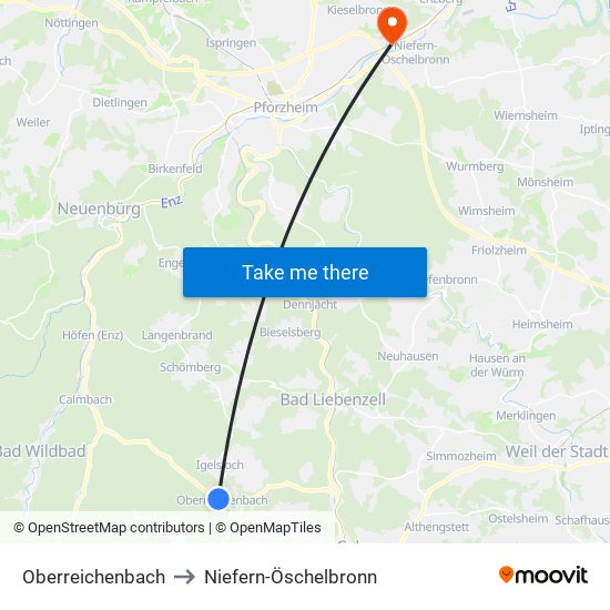 Oberreichenbach to Niefern-Öschelbronn map