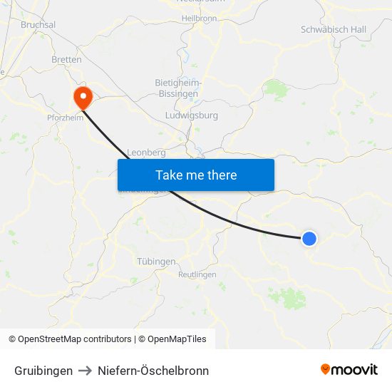 Gruibingen to Niefern-Öschelbronn map