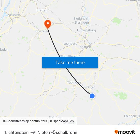 Lichtenstein to Niefern-Öschelbronn map