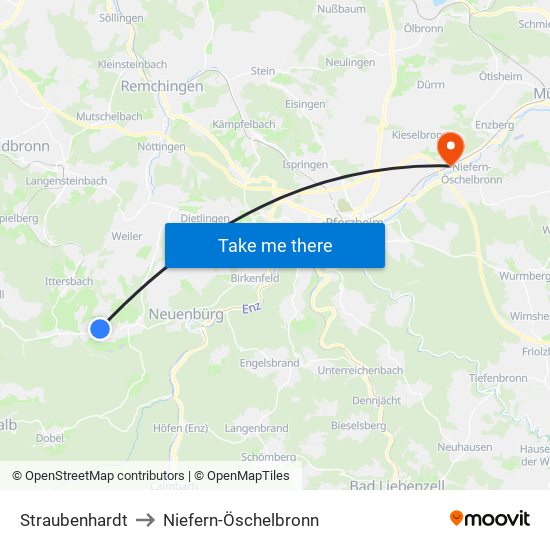 Straubenhardt to Niefern-Öschelbronn map