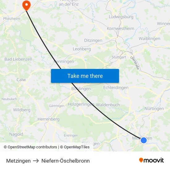 Metzingen to Niefern-Öschelbronn map