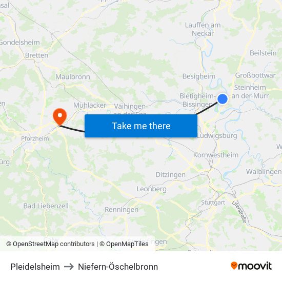 Pleidelsheim to Niefern-Öschelbronn map