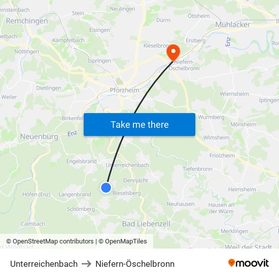 Unterreichenbach to Niefern-Öschelbronn map