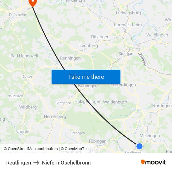 Reutlingen to Niefern-Öschelbronn map