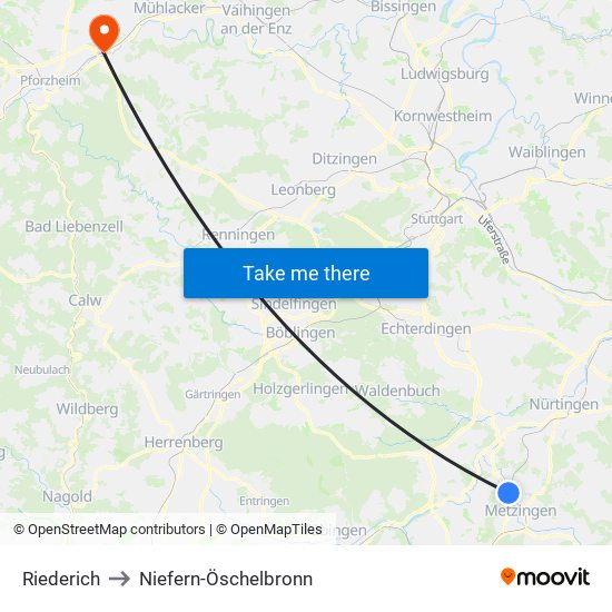 Riederich to Niefern-Öschelbronn map