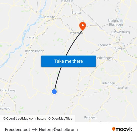 Freudenstadt to Niefern-Öschelbronn map