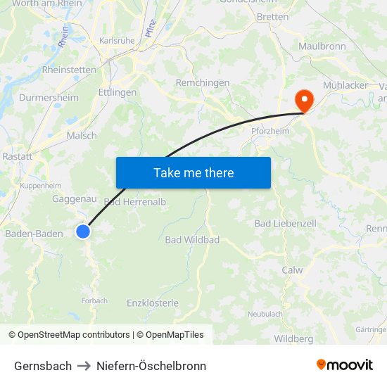 Gernsbach to Niefern-Öschelbronn map
