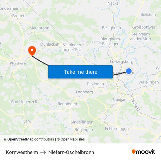 Kornwestheim to Niefern-Öschelbronn map