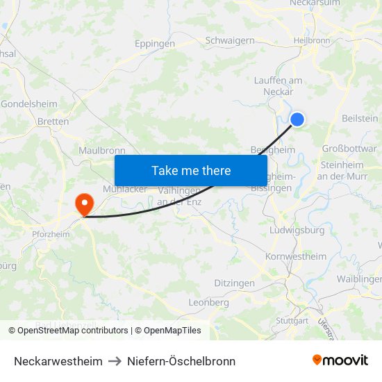 Neckarwestheim to Niefern-Öschelbronn map