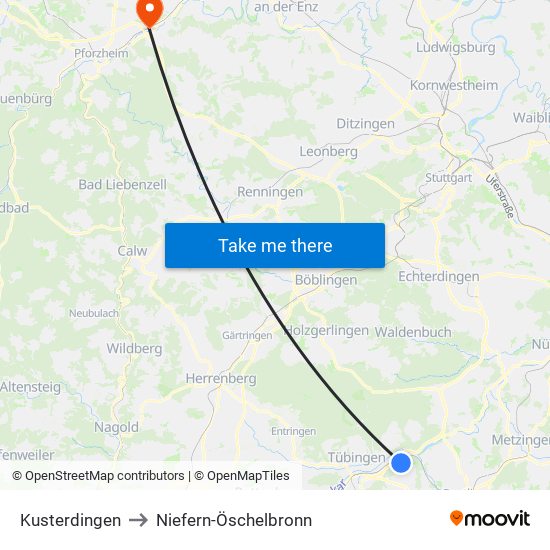 Kusterdingen to Niefern-Öschelbronn map