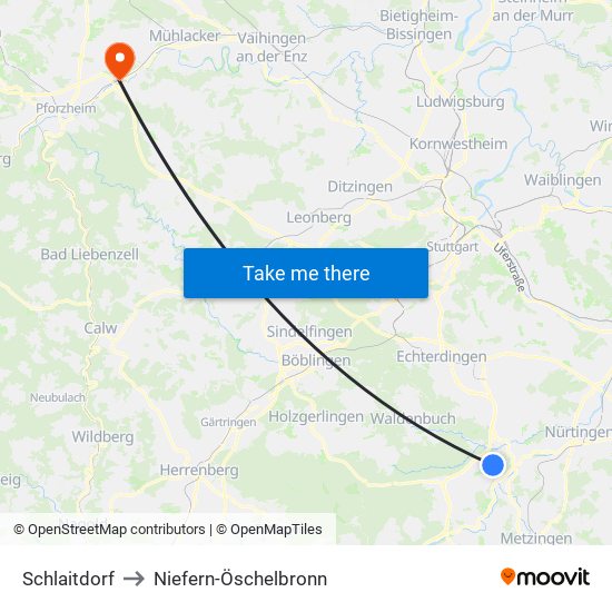 Schlaitdorf to Niefern-Öschelbronn map