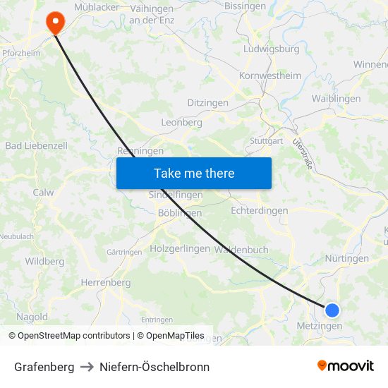 Grafenberg to Niefern-Öschelbronn map