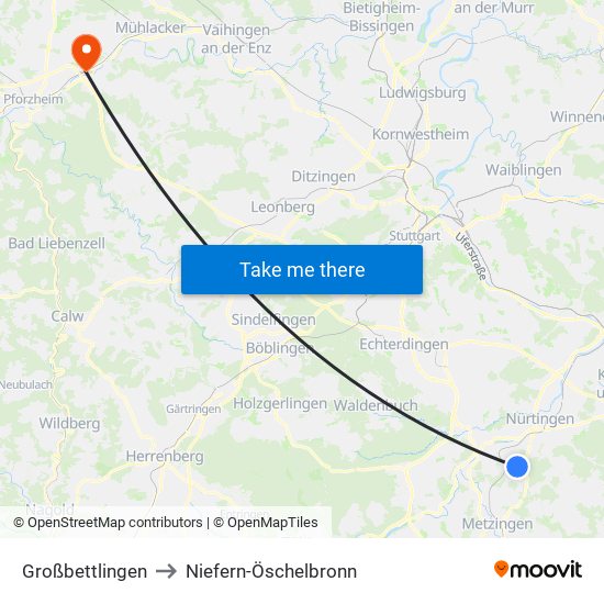 Großbettlingen to Niefern-Öschelbronn map
