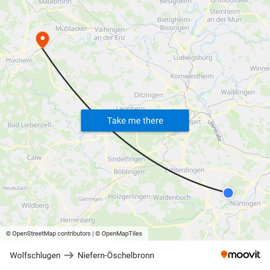 Wolfschlugen to Niefern-Öschelbronn map