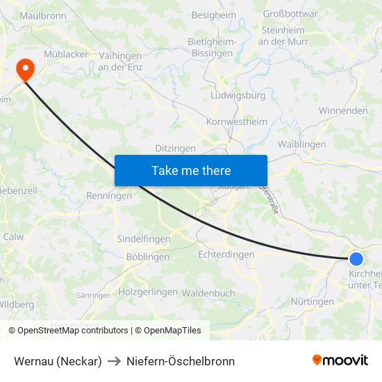 Wernau (Neckar) to Niefern-Öschelbronn map