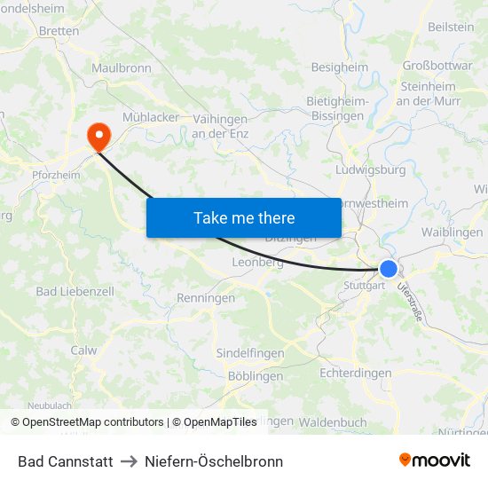 Bad Cannstatt to Niefern-Öschelbronn map
