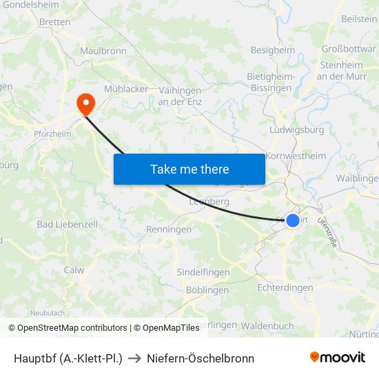 Hauptbf (A.-Klett-Pl.) to Niefern-Öschelbronn map