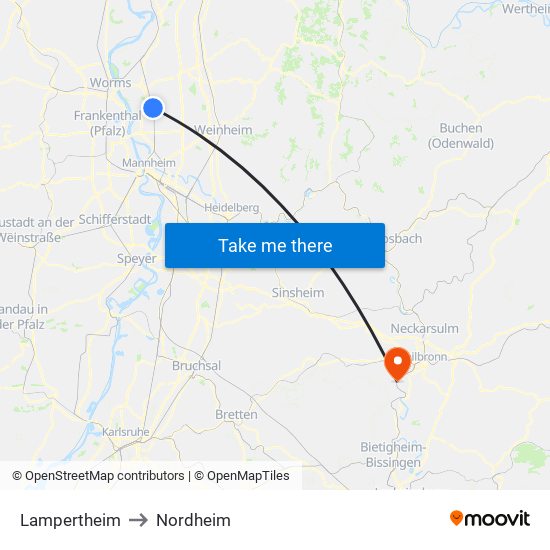 Lampertheim to Nordheim map