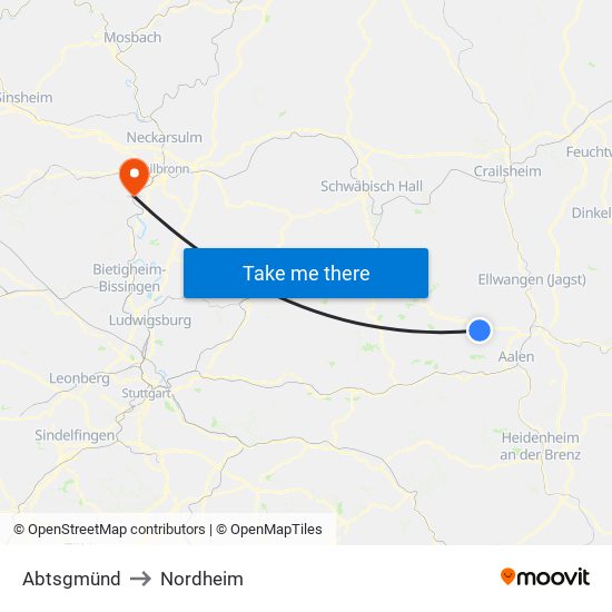 Abtsgmünd to Nordheim map