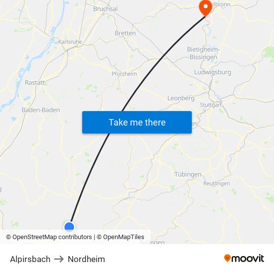 Alpirsbach to Nordheim map