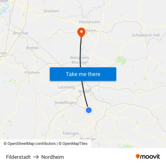 Filderstadt to Nordheim map