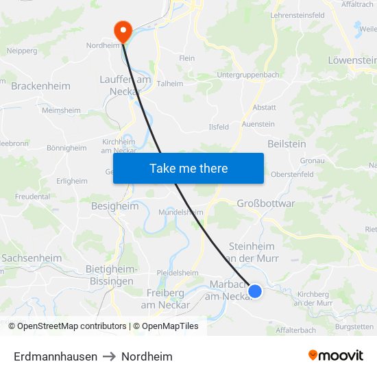 Erdmannhausen to Nordheim map