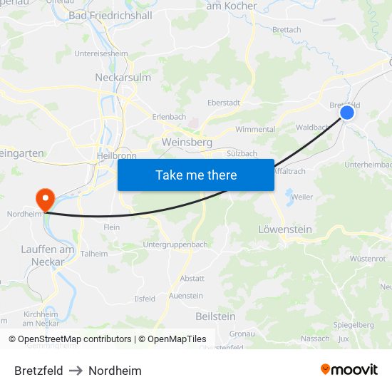 Bretzfeld to Nordheim map