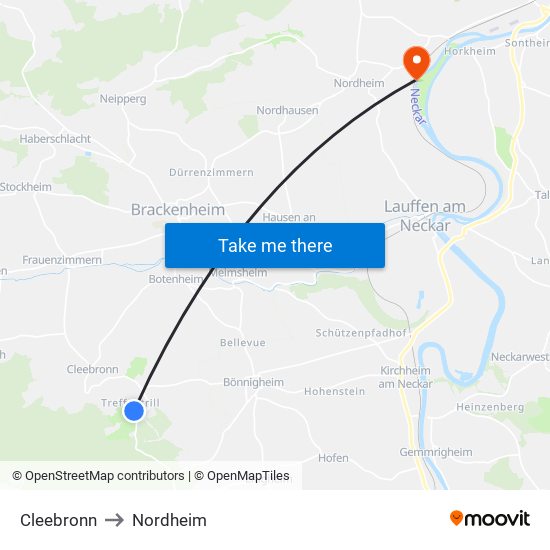 Cleebronn to Nordheim map