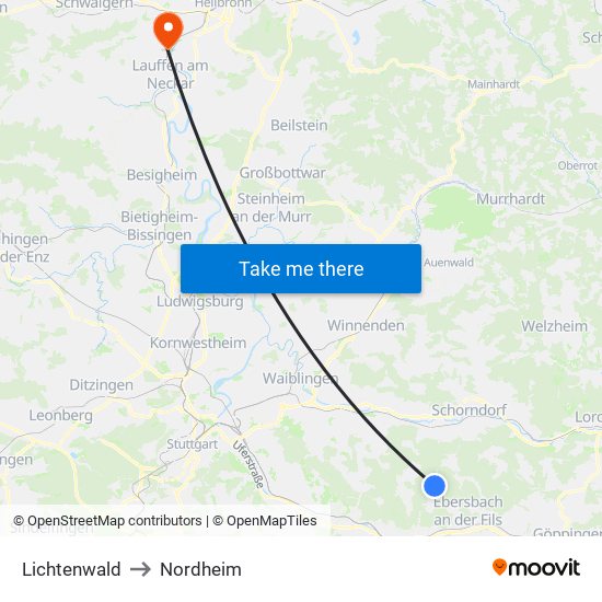 Lichtenwald to Nordheim map