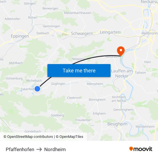 Pfaffenhofen to Nordheim map