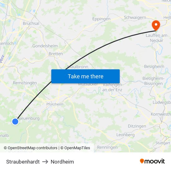 Straubenhardt to Nordheim map