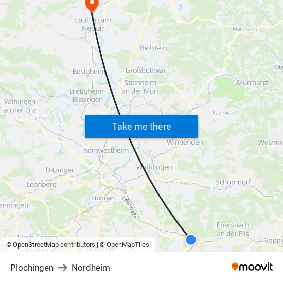 Plochingen to Nordheim map