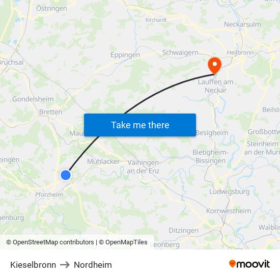 Kieselbronn to Nordheim map