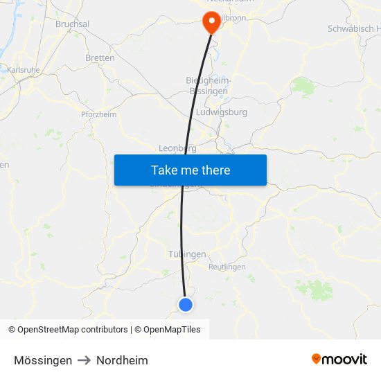 Mössingen to Nordheim map